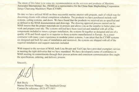 INSULTECH'S LETTER OF REFERENCE