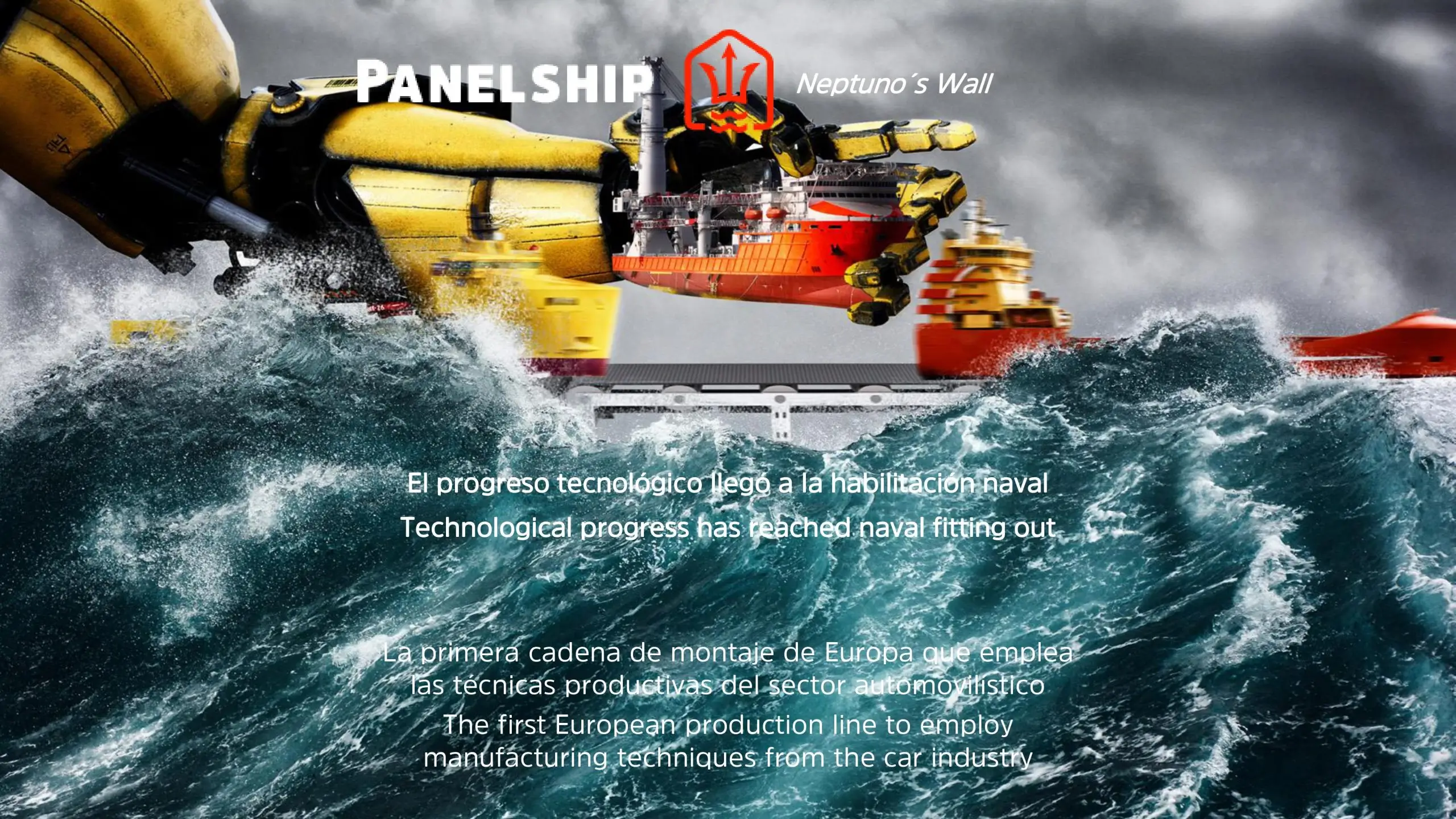 Robot arm over stormy sea with text.